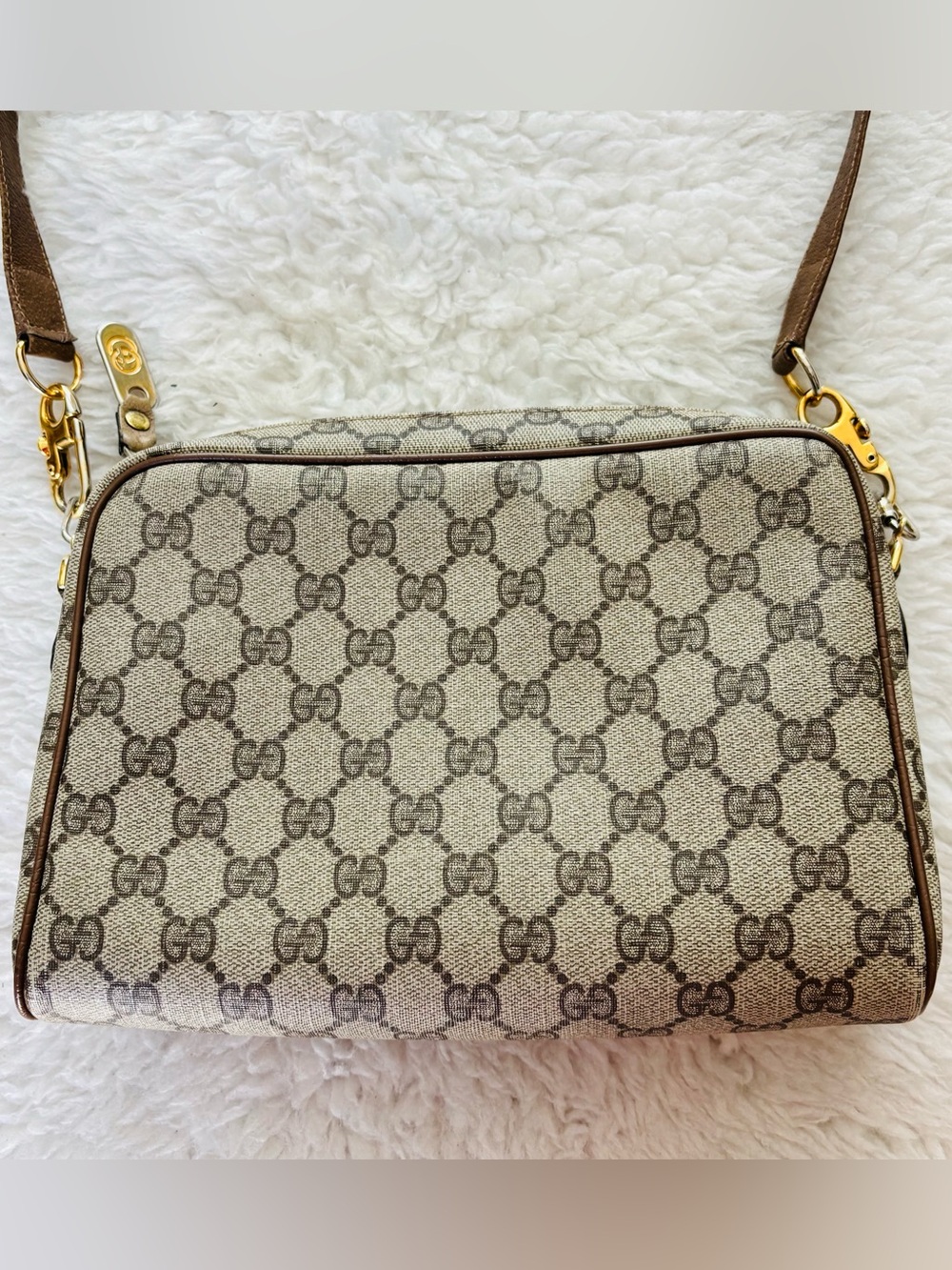 Gucci Vintage Sherry Line PVC GG Logo Brown/Beige Leather Small Shoulder Bag - Picture 2 of 16
